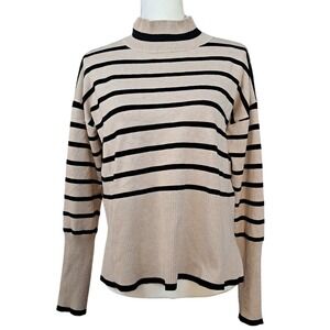 RACHEL ZOE M Beige Black Stripe Mock Neck Knit Pullover Long Sleeve Relaxed Fit‎